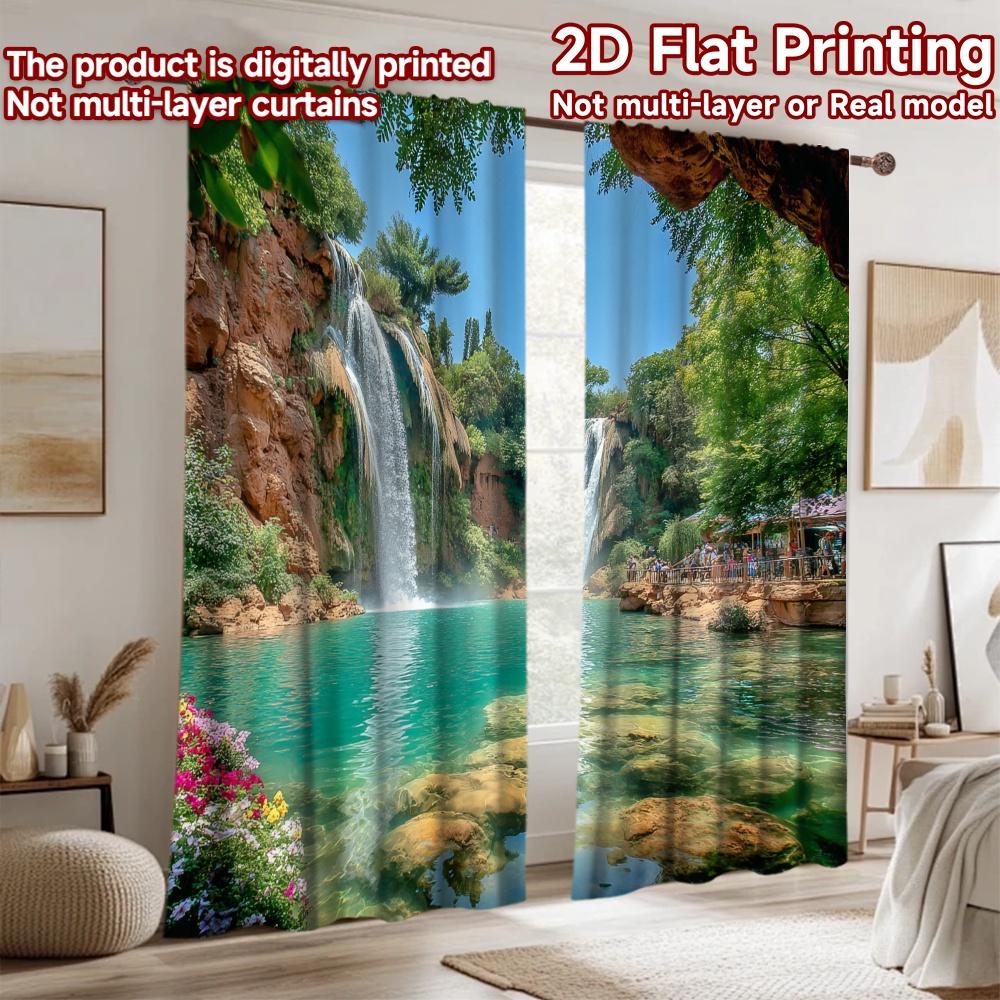 2D Flat Printing 2pcs Party Window Curtains Beautiful Waterfall Nature Scenery Digital Printed Polyester Drapes Festive Holiday
