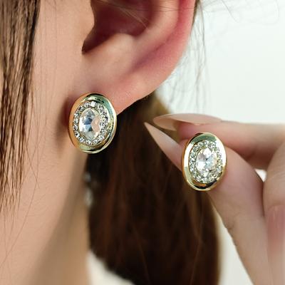 Cercei Retro Francezi Super Strălucitori cu Diamante Ovalale, Cercei cu Temperament la Modă High-End pentru Toamnă și Iarnă