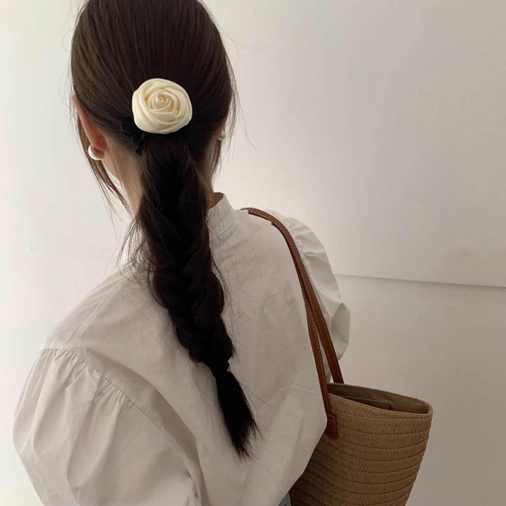 French Satin Rose Hair Tie - Elegant Retro Elastic Band