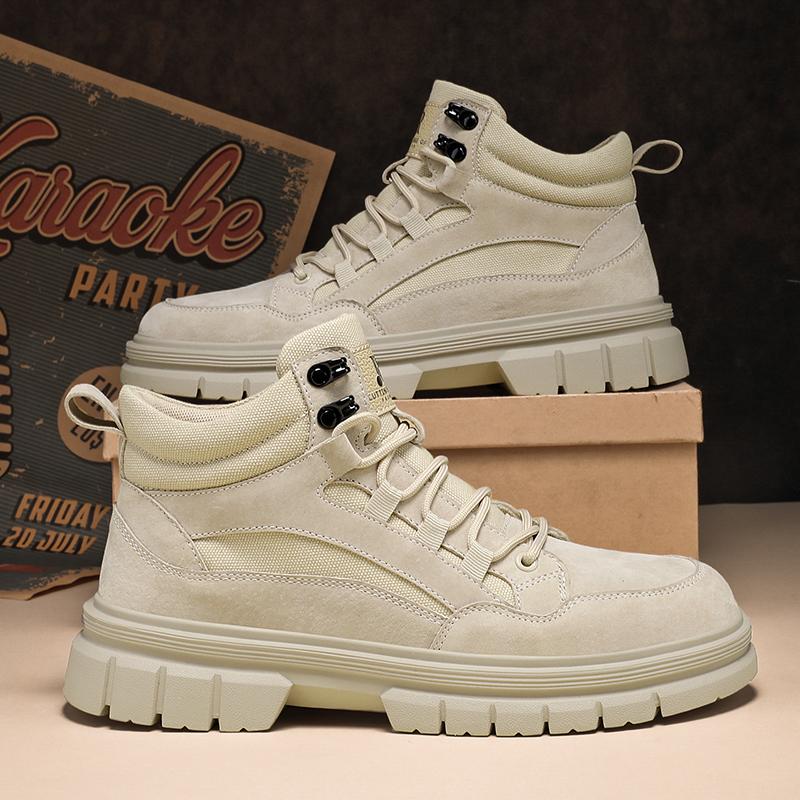 Fashion Non-Slip Casual Leather Ankle Boots Mens High Top Shoes Outdoor Comfortable Motorcycle Boots Fashion Male Lace-Up Botas Sneakers