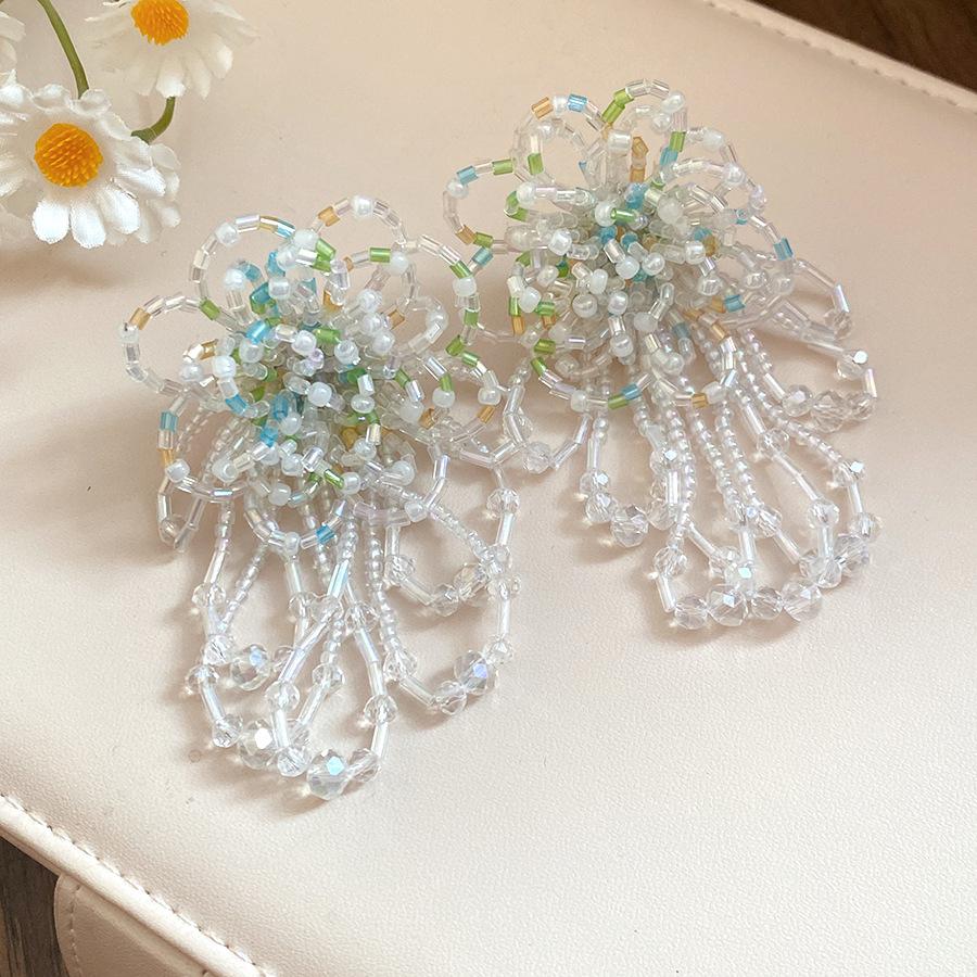 

Holiday style silver needle glass beaded flower fringed earrings fresh and sweet temperament stud earrings niche high-end earrings