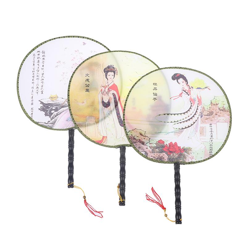 Kulatý ruční ventilátor Čínský styl Vintage tisk Hedvábný ventilátor Svatební taneční doplněk