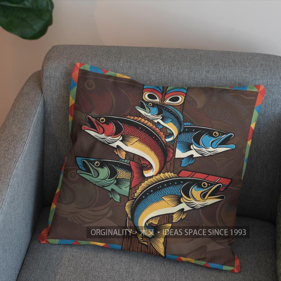 2D Buntes Stilisiertes Fischmuster Kissenbezug für Sofakissen, Schlafzimmerkissen, Autokissen