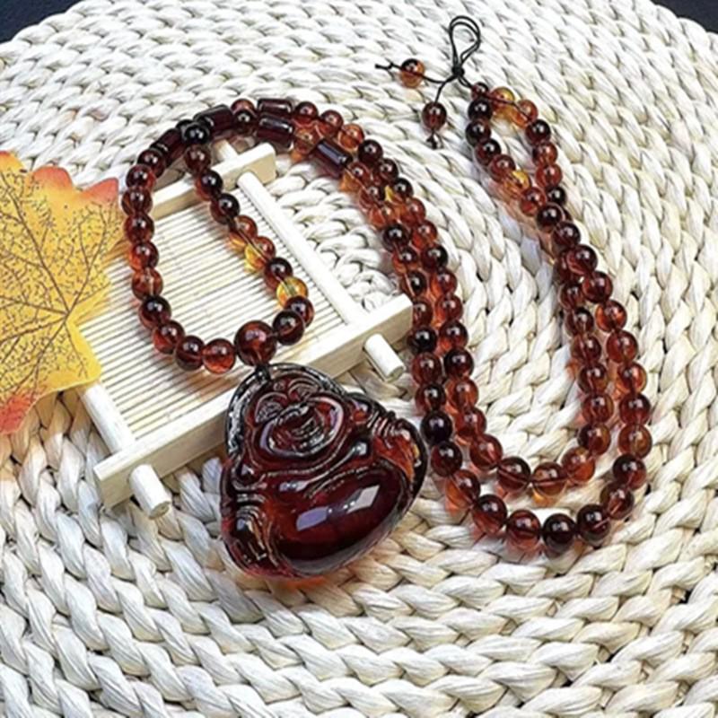 Bracelet polyvalent en Ambre Rouge Sang de Bœuf et Bambou avec Collier Pendentif Goutte d'Eau avec Design Bouddha Maitreya pour Hommes et Femmes