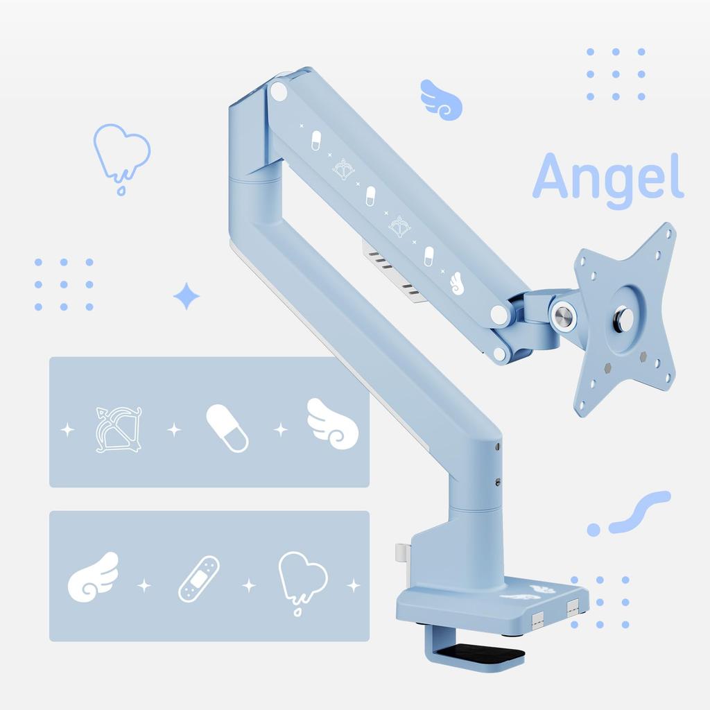 PS1S Wave Pastel Blue Angel Monitor Arm, Single, Cute Blue Angel Design, Top and Bottom, 24", 27", 32