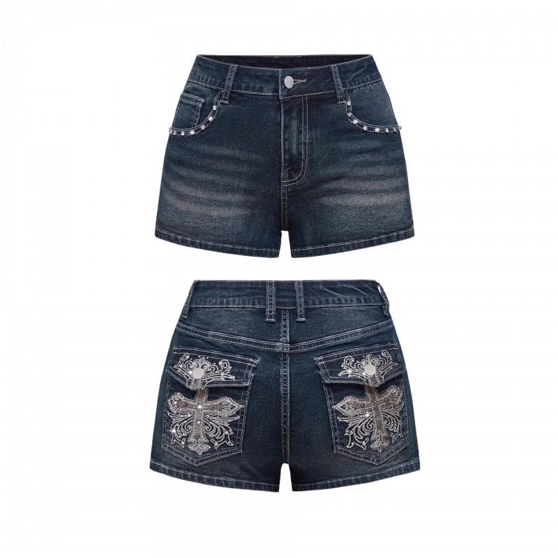 

High-waist Slimming Denim Shorts Women s Heavy Industry Embroidery Beaded A-word Hot Girl Style Fashionable All-match Pants M