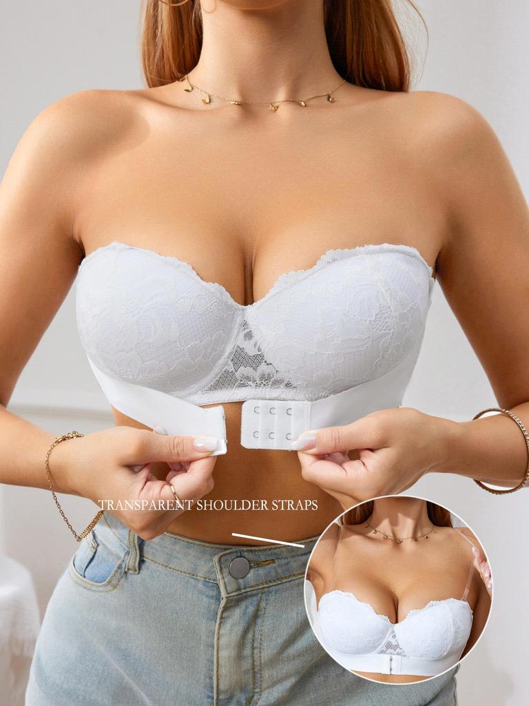 European & American Cross-Border French Lace Bandeau Bra with Transparent Straps & Removable Multi-Wear Options