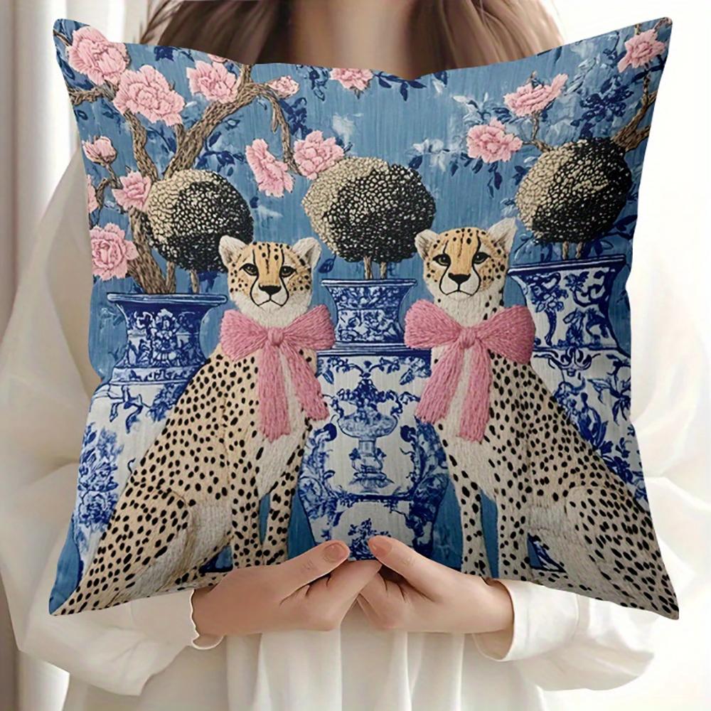 2D Flach- # Vintage Gepard Schleife Dekorativer Kissenbezug Chinoiserie Floral Blau und Weiß Porzellan Kissenhülle