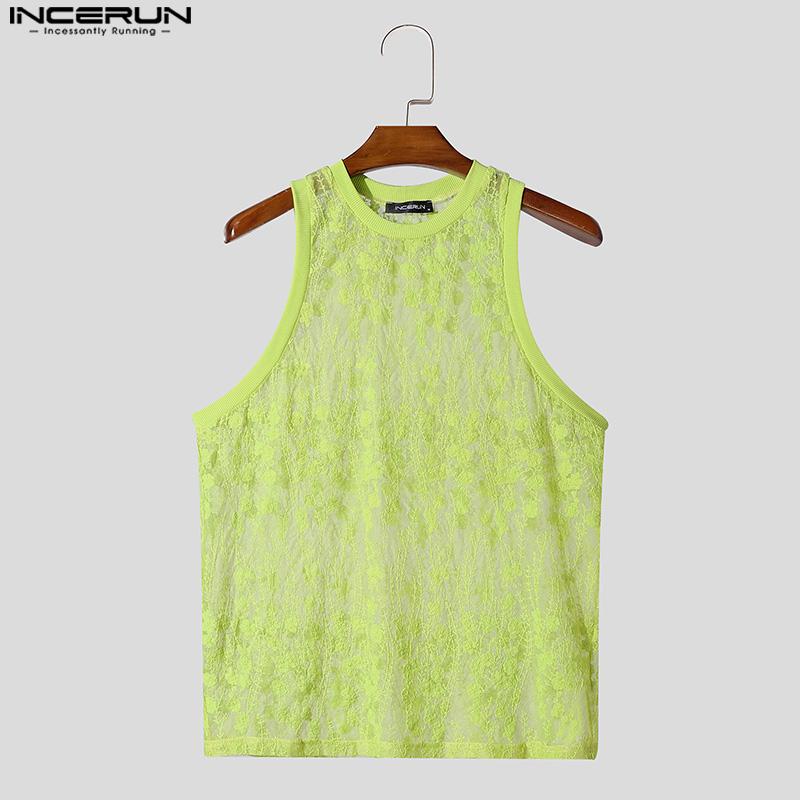 INCERUN Vară Bărbați Fără mâneci Plasă Transparent Dantelă Larg Maieuri