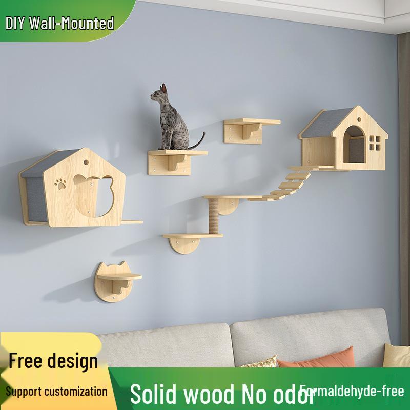Wall-Mounted Solid Wood Cat Tree with Scratching Board and Jumping Platform
