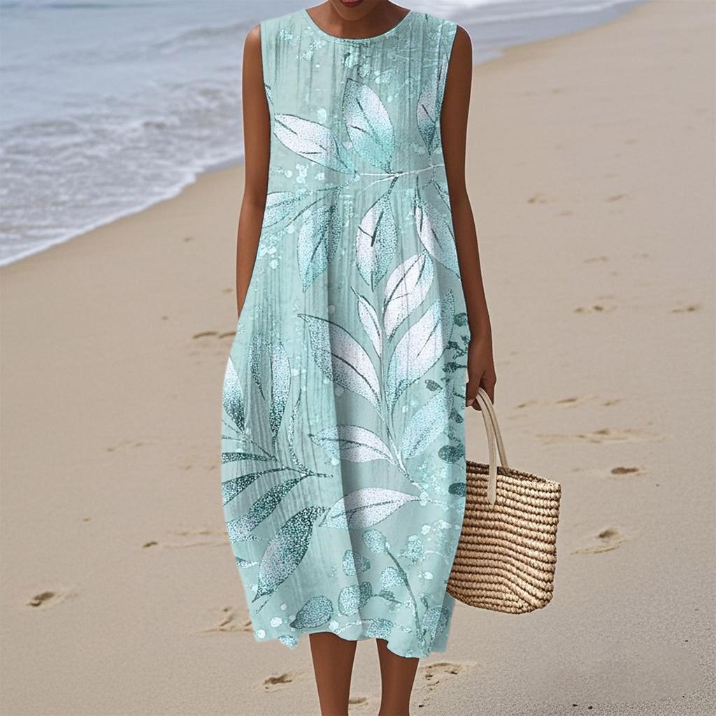 Women's Fashion Casual Sleeveless Round Neck Floral Elegant Temperament Dress