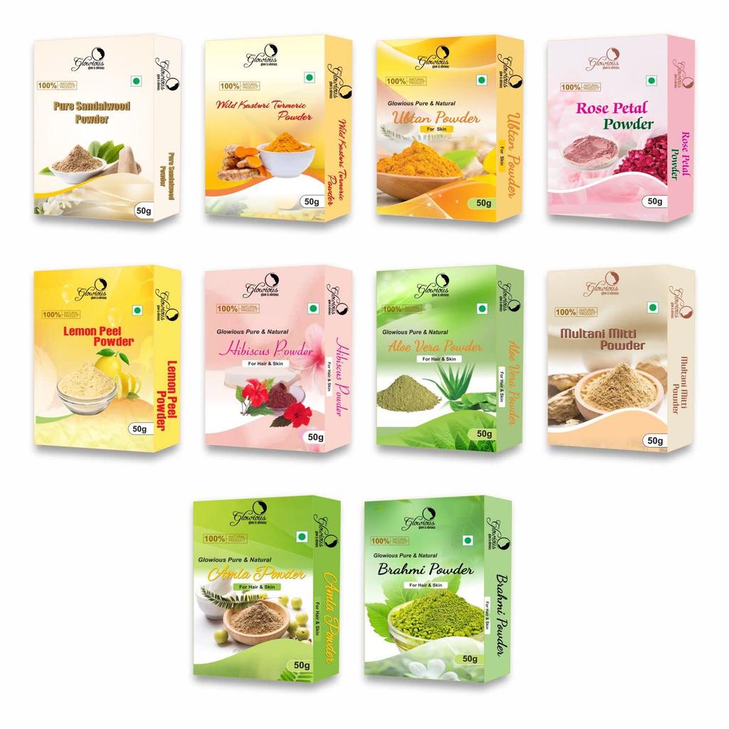 Glowious Ultimate Radiance Combo Pack - 10 Pure Powders (Sandalwood, Rose, Multani Mitti, Turmeric, Lemon Peel, Amla, Hibiscus, Ubtan, Brahmi, Al