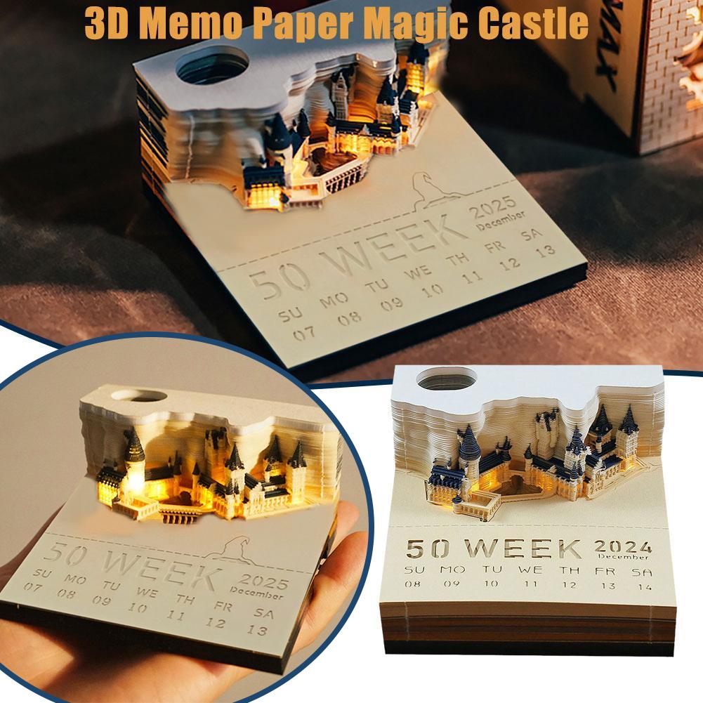 3D Magisches Schloss Wochenkalender Notizblock mit Licht 3D Papierschnitzkunst Handwerk Notizblock Haftnotizen Memoblöcke Heim Schreibtisch Deko