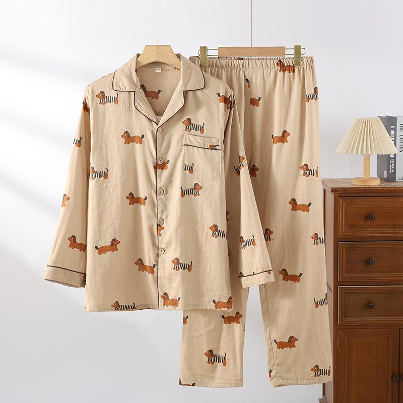 2026 Spring and Autumn New Couple's Pajama Set 100% Cotton Gauze Women's Long Sleeve Two Piece Set Thin Home Clothing