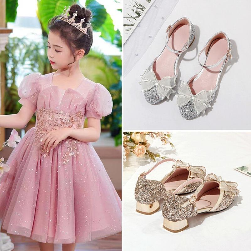 Summer Children's Sandals Women's New Students Middle and Older Children's Bow Sandals Princess High Heels Solid Color Girls Sandals