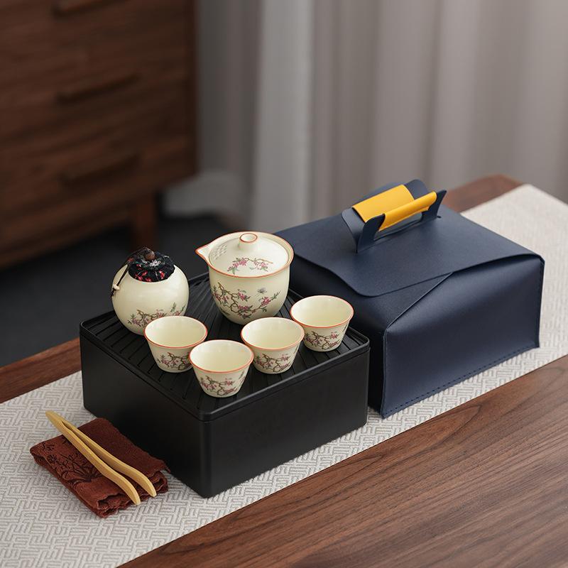 

Guochao Ceramics Qingyun Kuaike Cup Wisteria Flower Ru Kiln Tea Set Portable Travel Car Teapot Gifts