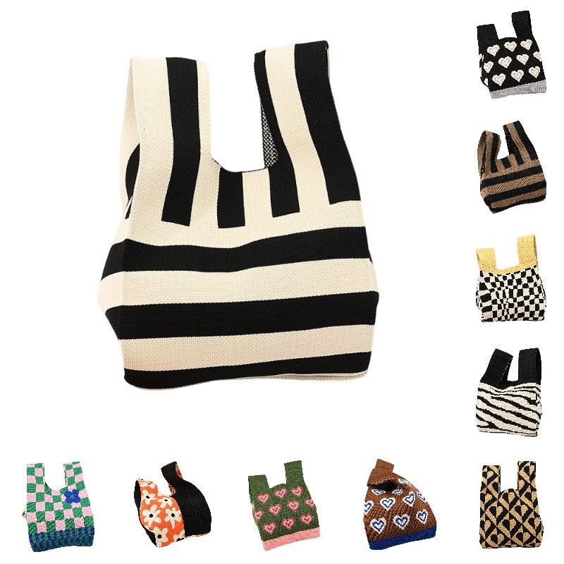 Durable Polyester Fabric Knitted Handheld Bag In 10 Colors For Women