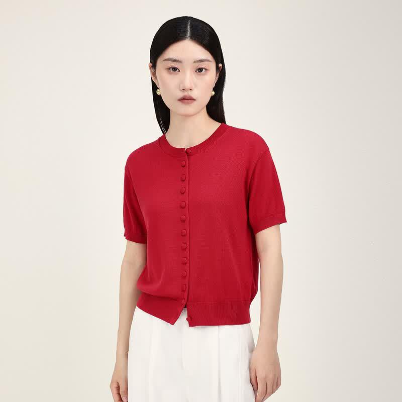 Northern Deer Lyocell Cotton Silk Knit Short Sleeve Cardigan L