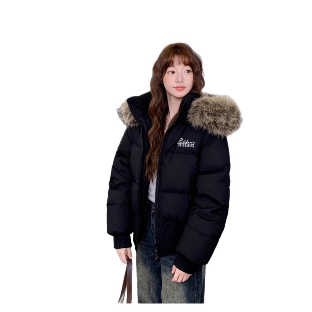 Winter new short fur collar hooded down jacket women's waist and thin high-end warm American jacket tide