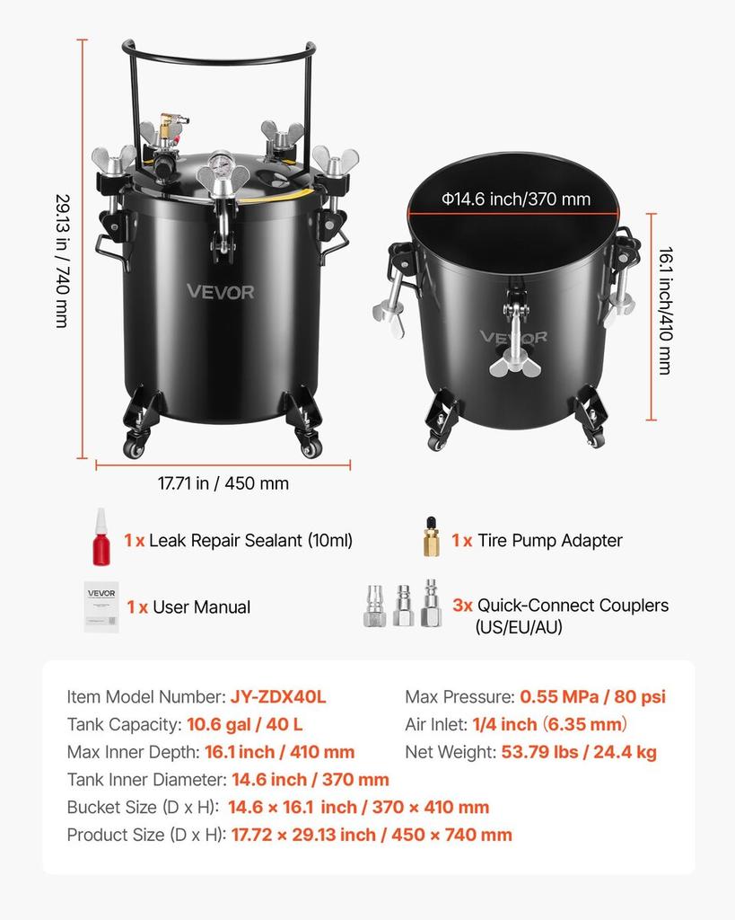 Pressure Pot Paint Tank, 40 L Heavy Duty Steel Pressure Pot Tank, Spray Paint Pressures Pots with Three Quick-Connect Couplers for Home Use, DIY, Art
