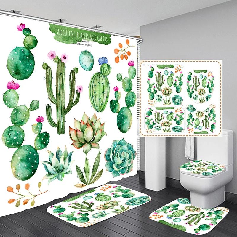 Tropical Green Plant Leaf Palm Cactus Shower Curtain Set Bathroom Curtain Anti-Slip Bath Mat Set Toilet Rugs Carpet Home Decor