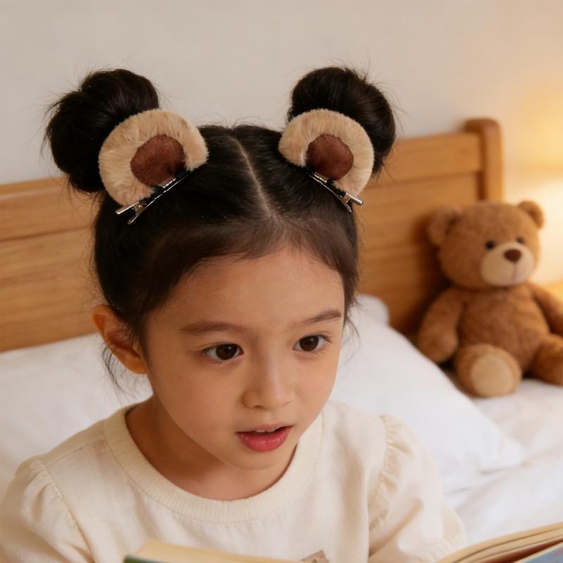 Artificial Bear Ear Hair Clip Hairpin with Bows Animal Ear Barrette Costume for Halloween and Cosplay