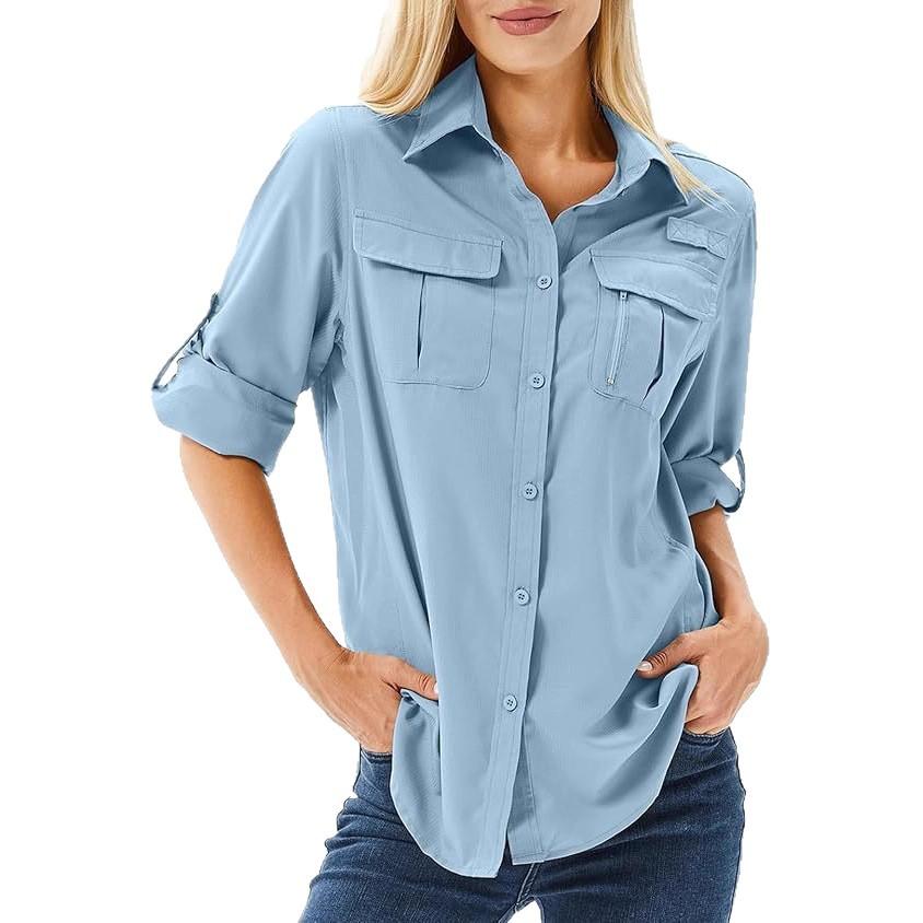 Camicia da donna color cachi a maniche lunghe con tasche sul petto e laccetti sui polsini