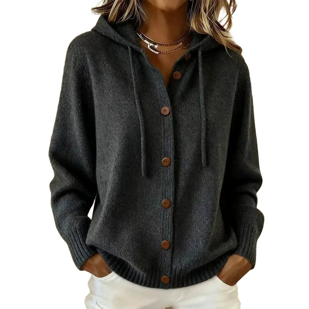 Women's Fashion Color Long Sleeve Button Front Hooded Knit Cardigan Casual Coat