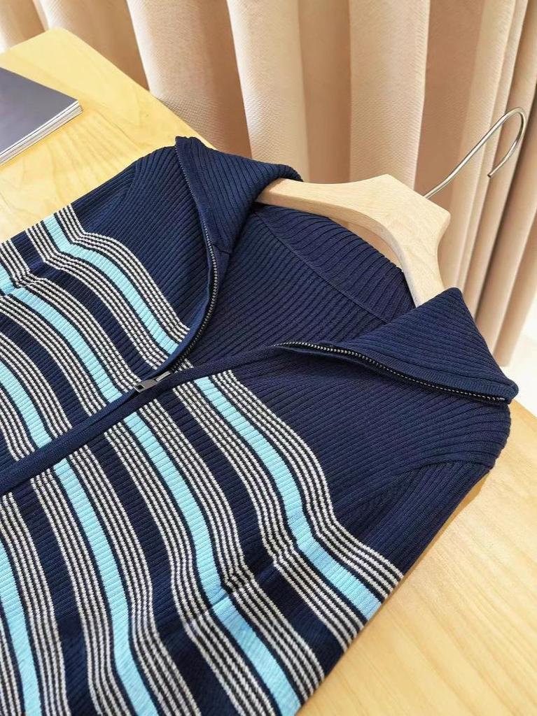 Silk Cotton Women's 2025 Spring Stripe Zipper Slim Fit Long Sleeve Knit Cardigan Top