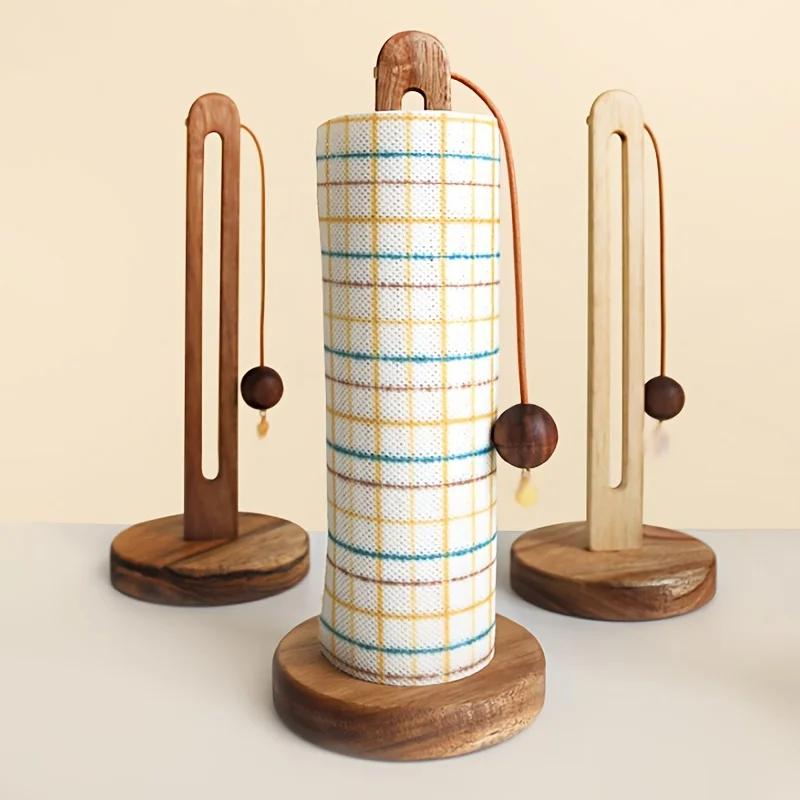 Wooden Kitchen Paper Towel Holder No Drill Wood Roll Paper Stand Plastic Wrap Storage Lazy Cloth Rack