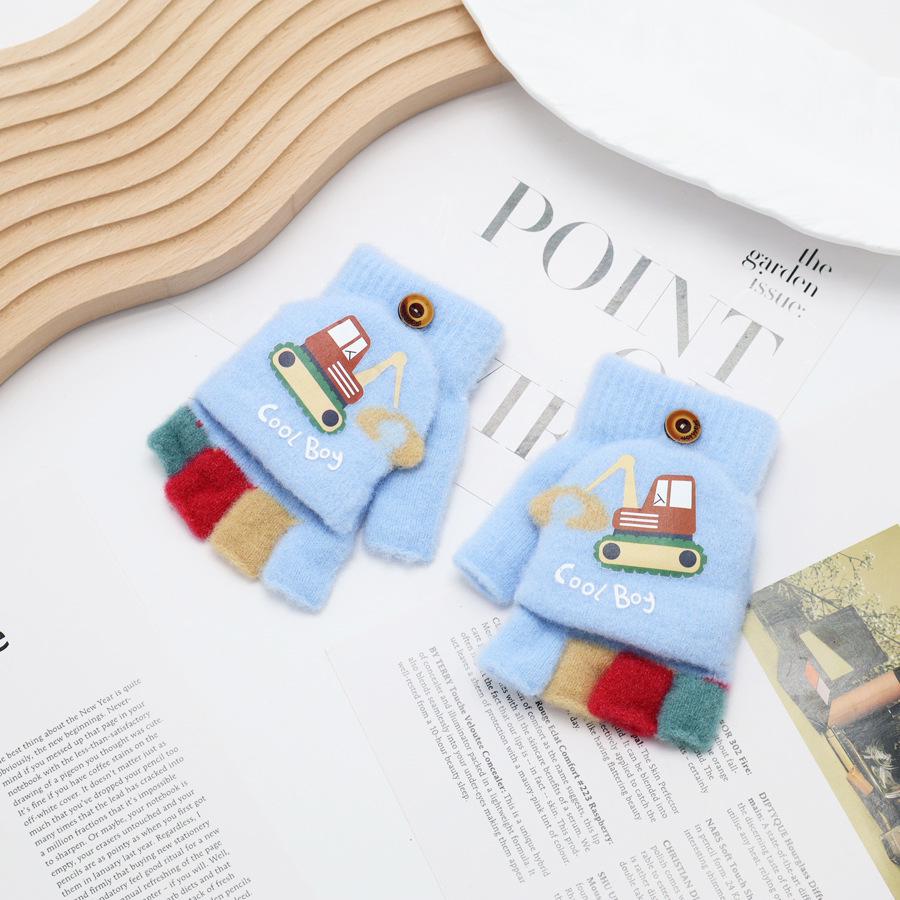 Children's Cute Cartoon Flip-Gloves: Cold-Proof, Half-Finger Winter Writing Warmth for Boys and Girls