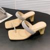 Feel slippers summer rhinestone cover toe middle heel one word sandals fashion square head thick heel high heels
