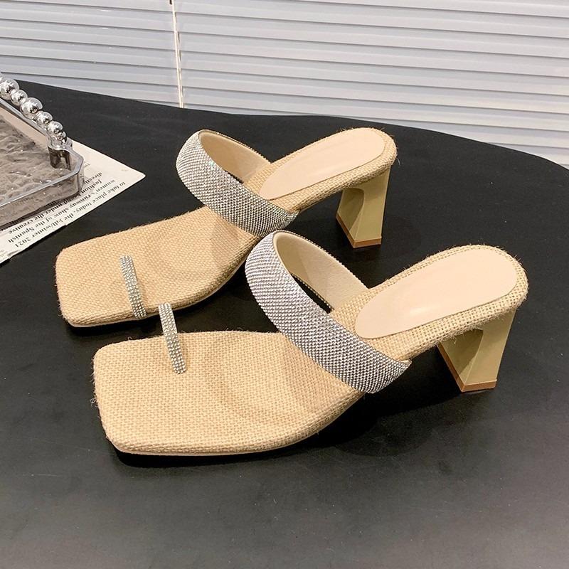 Feel slippers summer rhinestone cover toe middle heel one word sandals fashion square head thick heel high heels