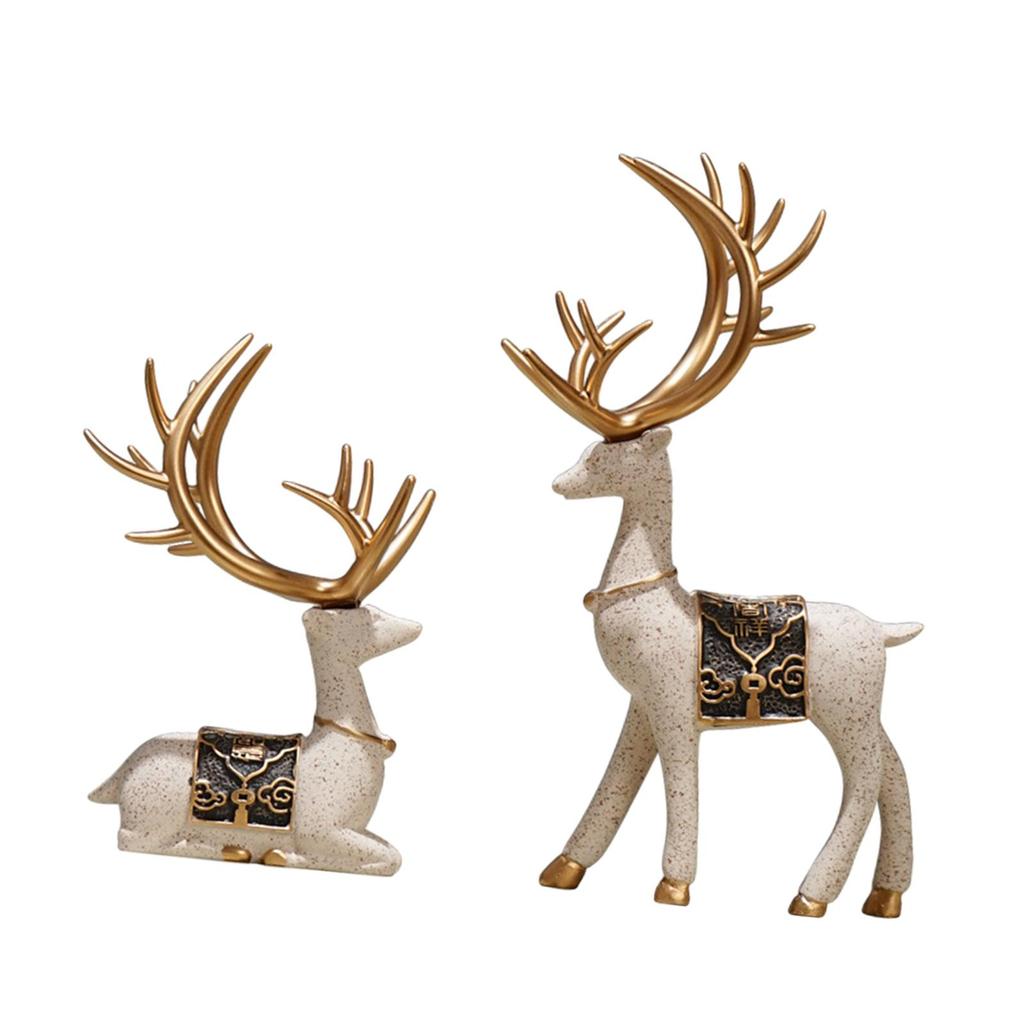 2 Pieces Reindeer Figurines Retro Sitting Standing Deer Statues Deer Statue for Living Room Bedroom Office Cabinet Decor
