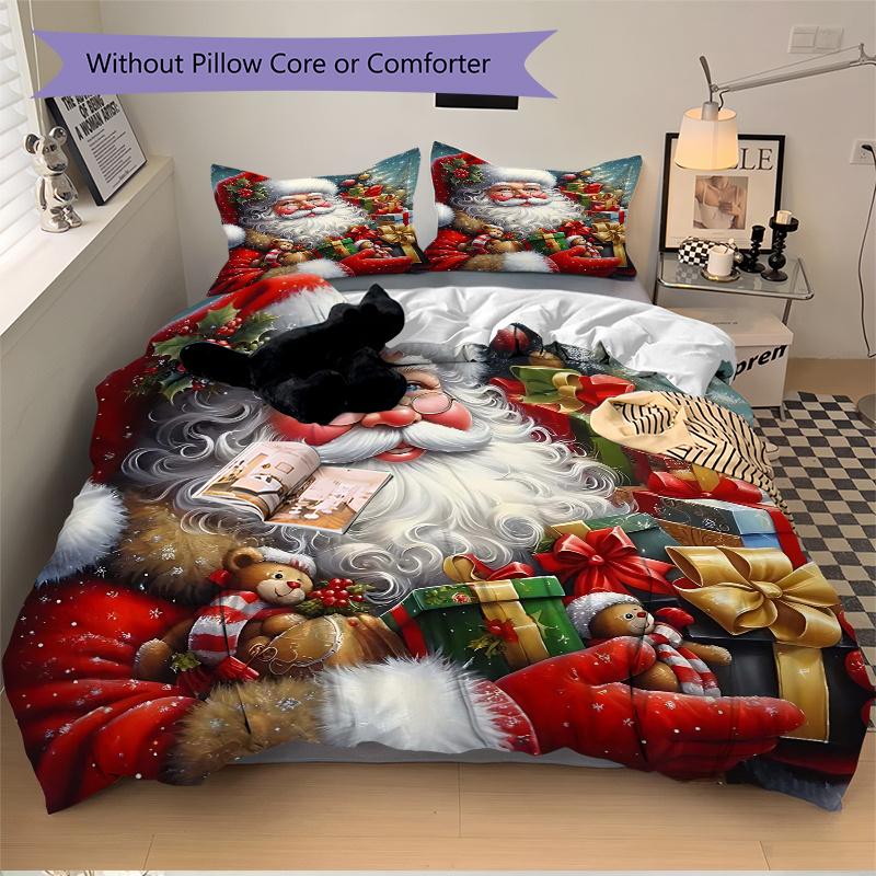 3pcs Santa Claus with Christmas Gifts Printed Bedding Set, Soft and Comfortable Quilt Cover for Bedroom, Guest Room (1 Duvet Cover + 2 Pillowcases