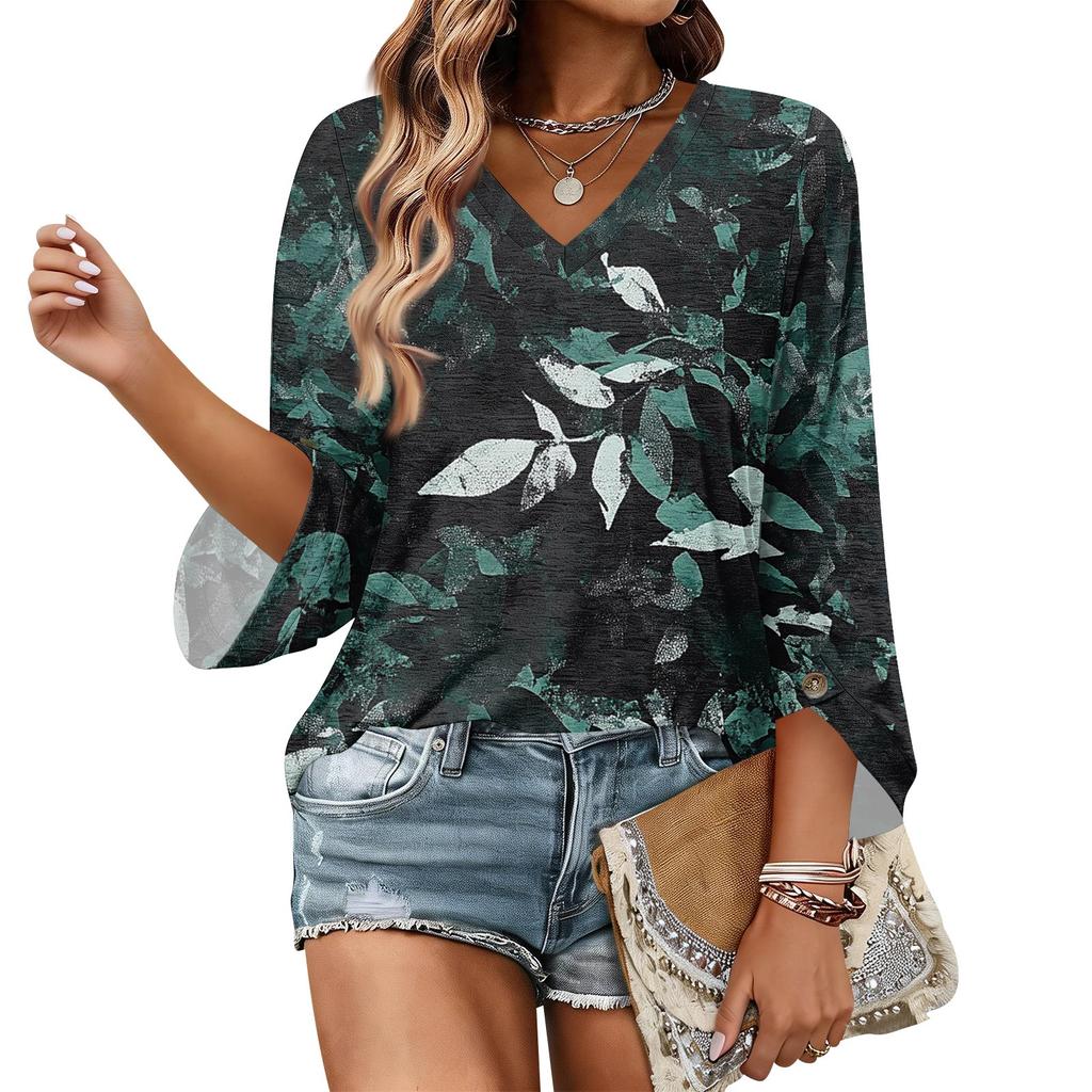 Womens V Neck Three Quarter Sleeve Floral Print Casual Loose Fit Top Comfortable Lightweight Blouse for Daily Wear Office and Travel