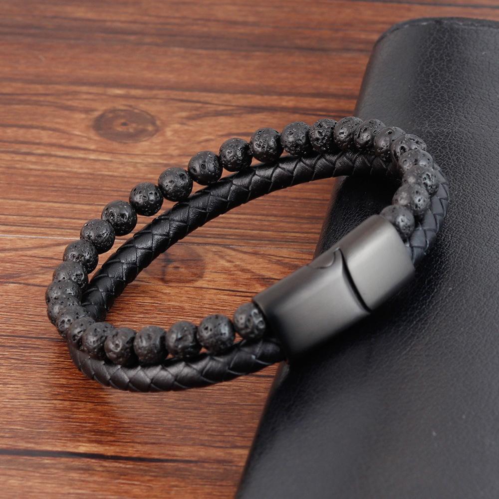 Natural Stone Volcanic Stone Leather Bracelet, Stone Bead Leather Woven Multi-layer Leather Bracelet