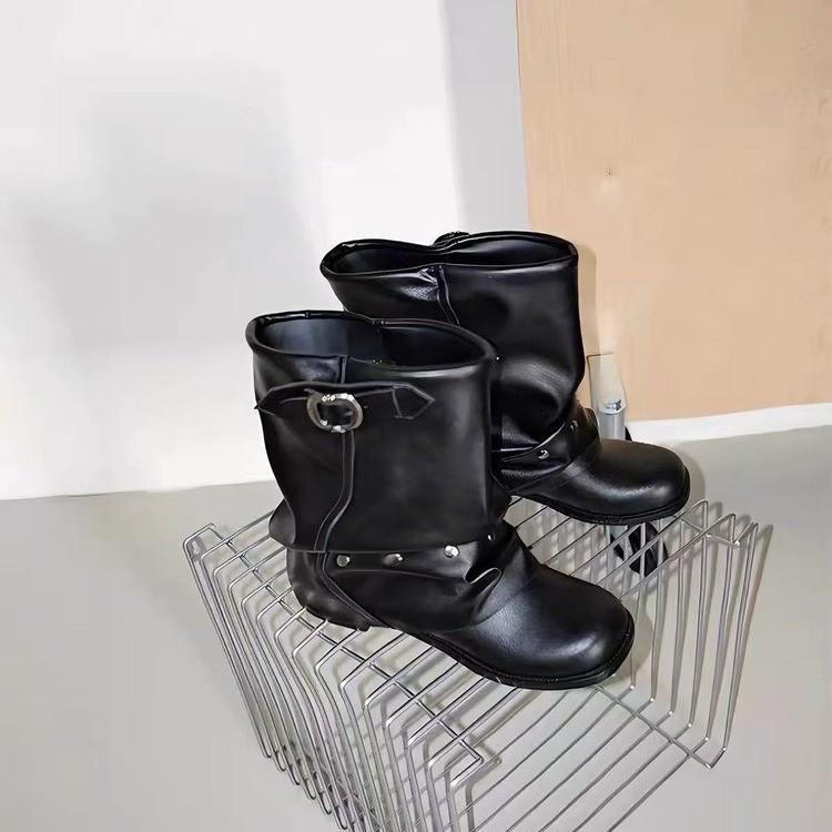 Leather boots personalized hottie thick heel black short tube stacked rivet pant tube boots women's pleated new boots adult