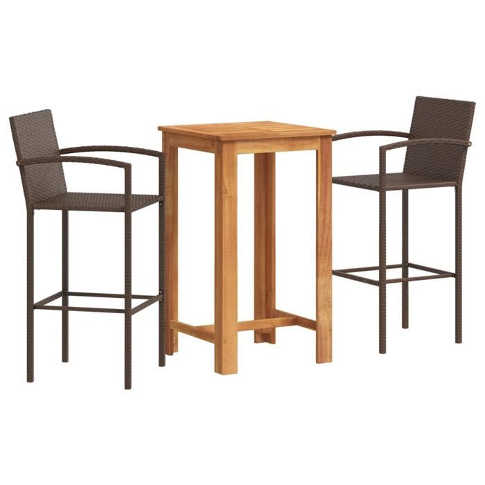 VidaXL Ensemble de bar de jardin 3 pcs marron bois massif acacia rotin, table et chaises de bar d'extérieur, ensemble de 3295272