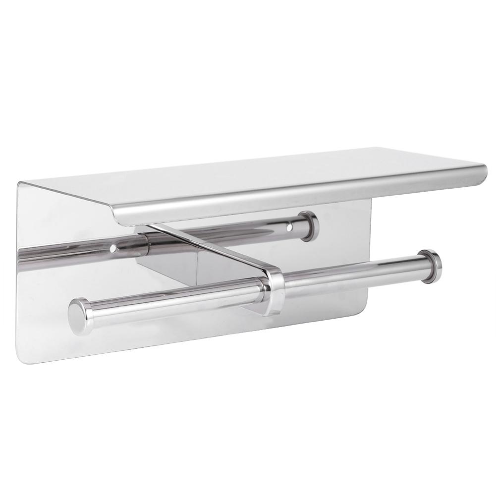 Double Toilet Paper Holder Stainless Steel Paper Rack Phone Storage Shelf Bathroom Use