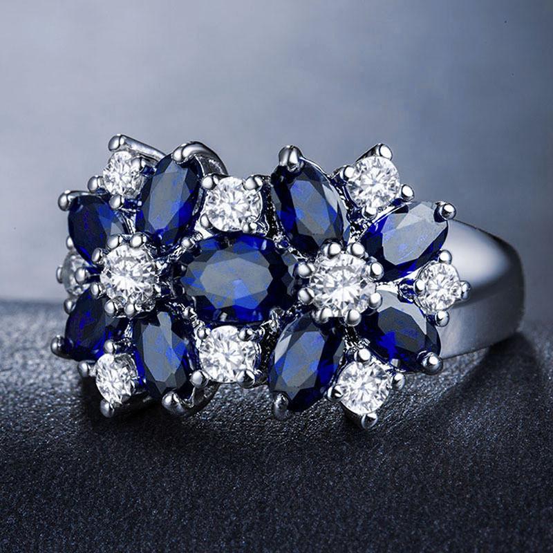 925 Sterling Silver White Zircon & Green Crystal Flower Ring for Women Vintage Engagement Promise Band Wedding Jewelry Gift