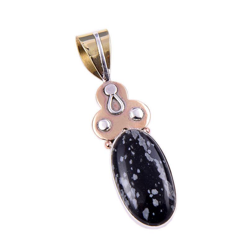 Natural Snowflake Obsidian Gemstone 925 Solid Silver Two Tone Pendant 1.75" v3o46