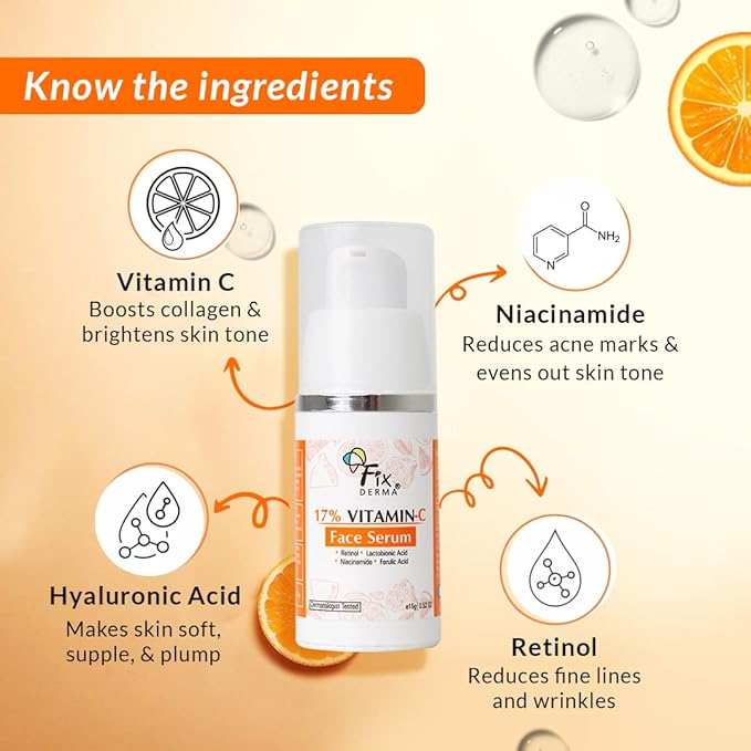 Fixderma 17% Vitamin C Face Serum for Glowing Skin | Retinol | Skin Brightening Vit C Serum for Women and Men | Anti Aging Night | Niacinamide - 15g
