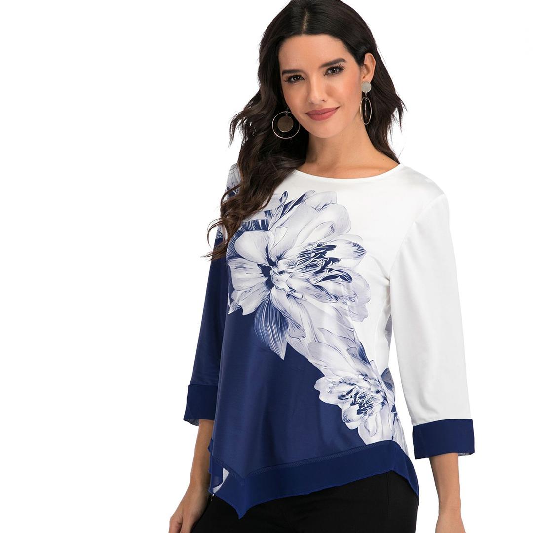 

Модна осінньо-вулична жіноча сорочка з вільним нерівним подолом і круглим вирізом 4XL