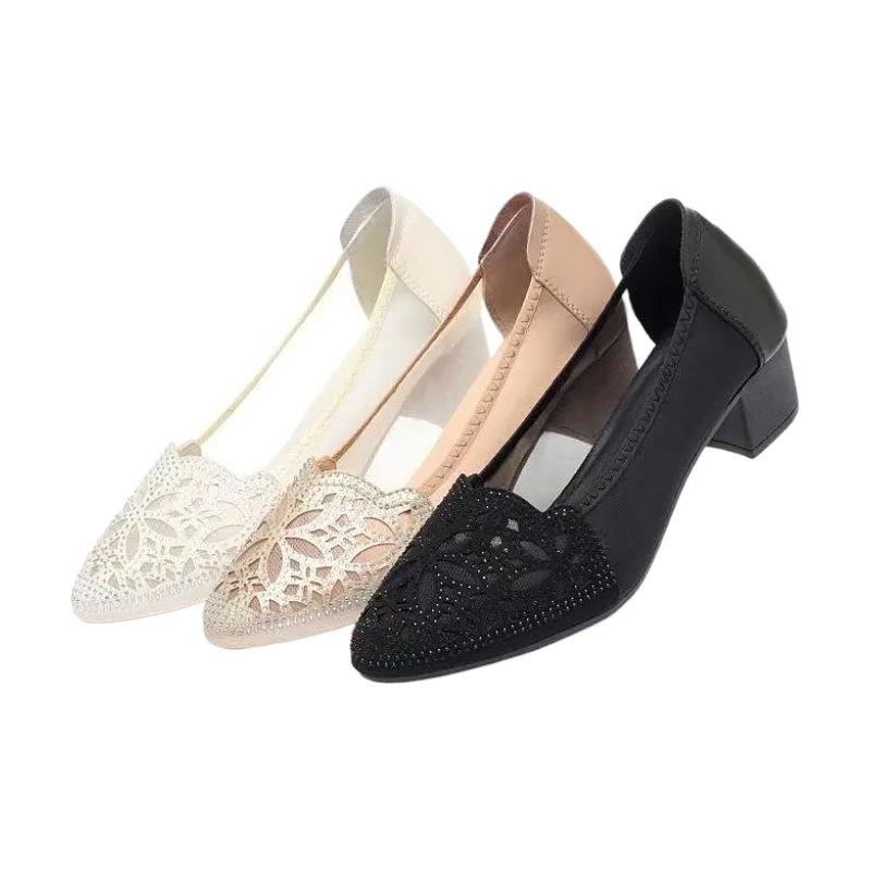 2025 Soft Leather Baotou Hot Diamond Sandals Women's Thick Heel New Single Shoes Summer Hollow Beef Tendon Sole Dance Shoes Mother Shoes