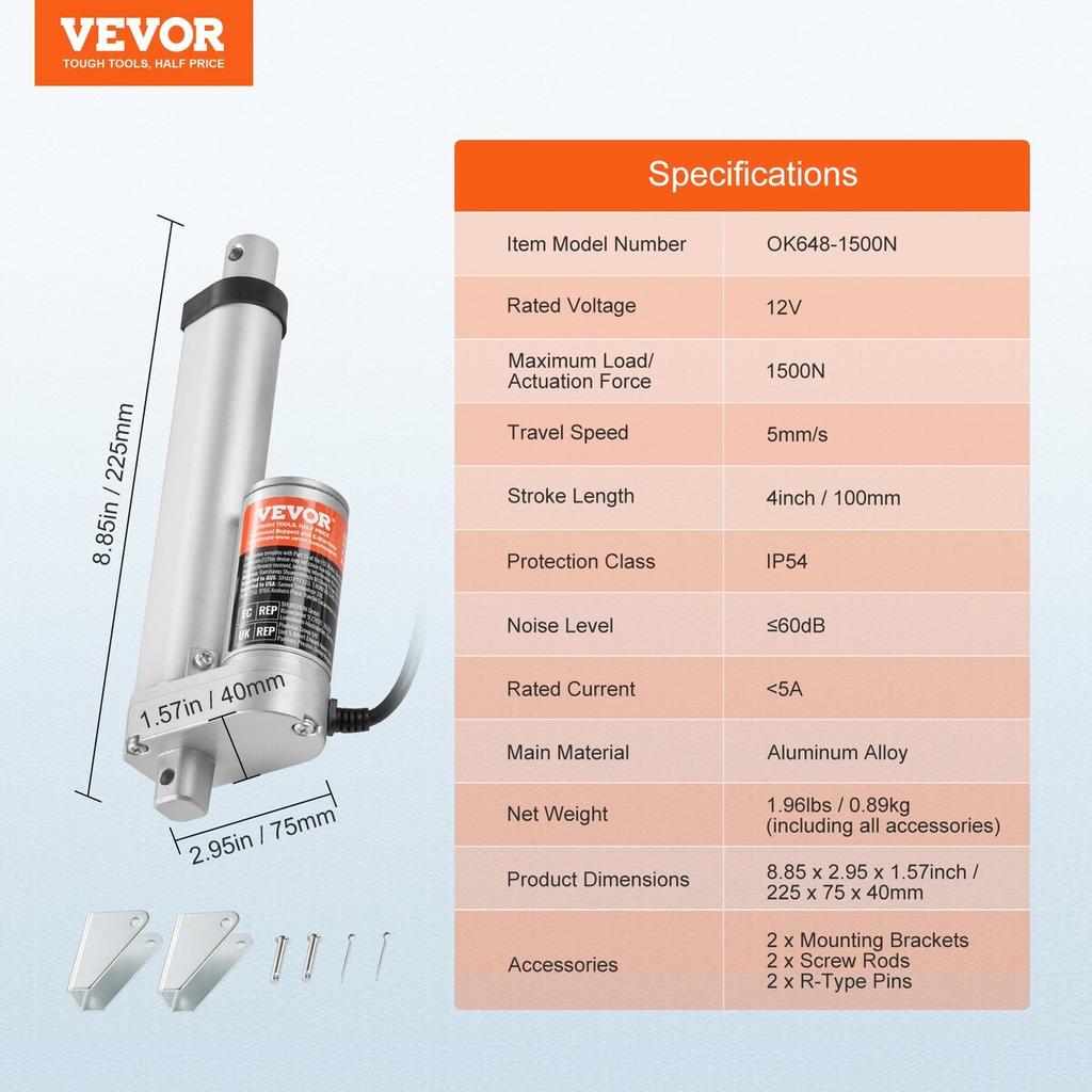 Linear Actuator 12V 4 Inch High Load 330lbs/1500N 0.19"/s IP54 Protection