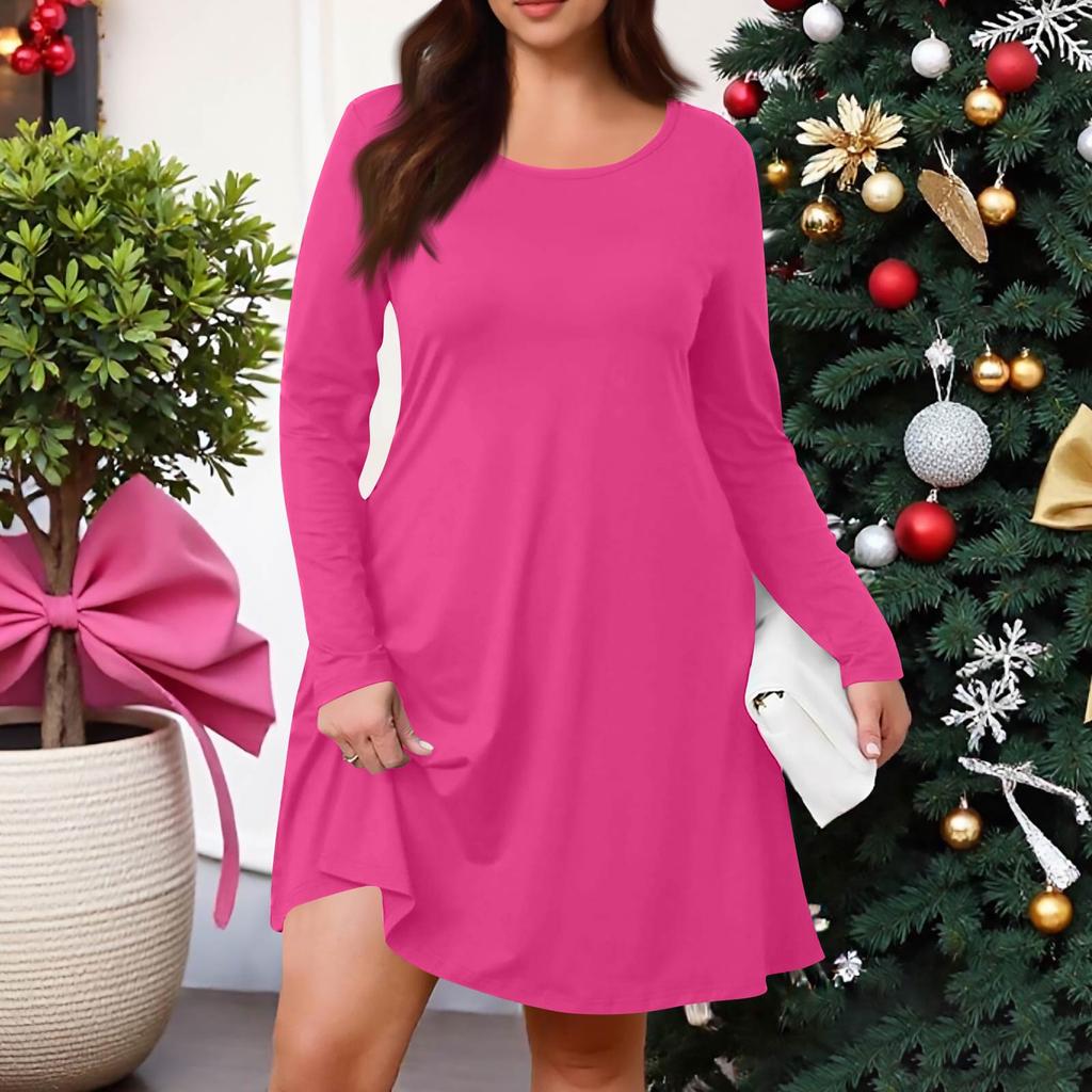 Plus Size Women's Solid-Colour Casual Dress Spring Pocket Round Neck Long-Sleeved Dress