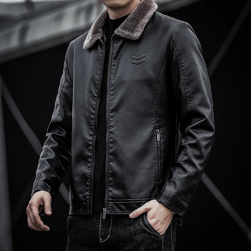 Autumn and winter new men's fur integrated leather jacket velvet youth lapel jacket business jacket leather jacket men's clothing