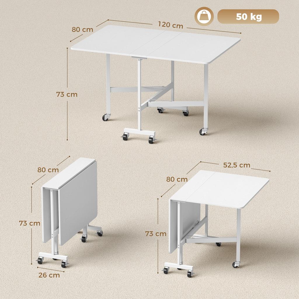 Folding Dining Table on Wheels, 4-6 People, 120 cm, Braked Wheels, 2 Drop Leaves, Industrial, White