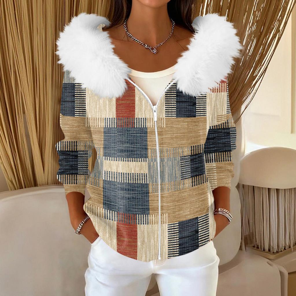 Damenmode Lässiger Pullover Reißverschluss Print Strickjacke Plüsch Kapuzenjacke